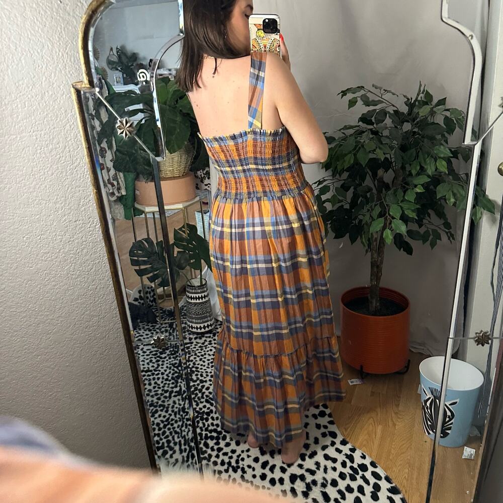 Birds of Paradis Smocked Dolores in Early Harvest Plaid Maxi Dress Multi Large - Picture 2 of 6